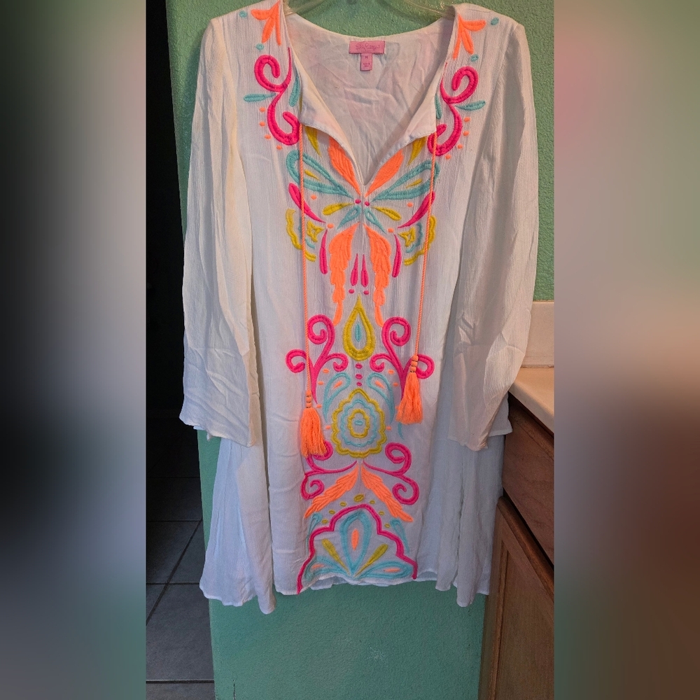 Lilly Pulitzer White Tunic with Colorful Embroidery